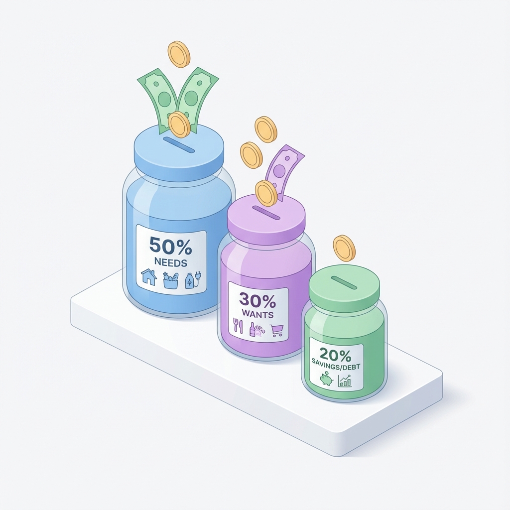 Ilustración del método de ahorro 50/30/20